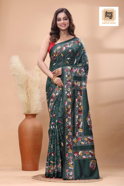 Green Color Bangalore Silk Multicolor Thread Work Kantha Stitch Saree