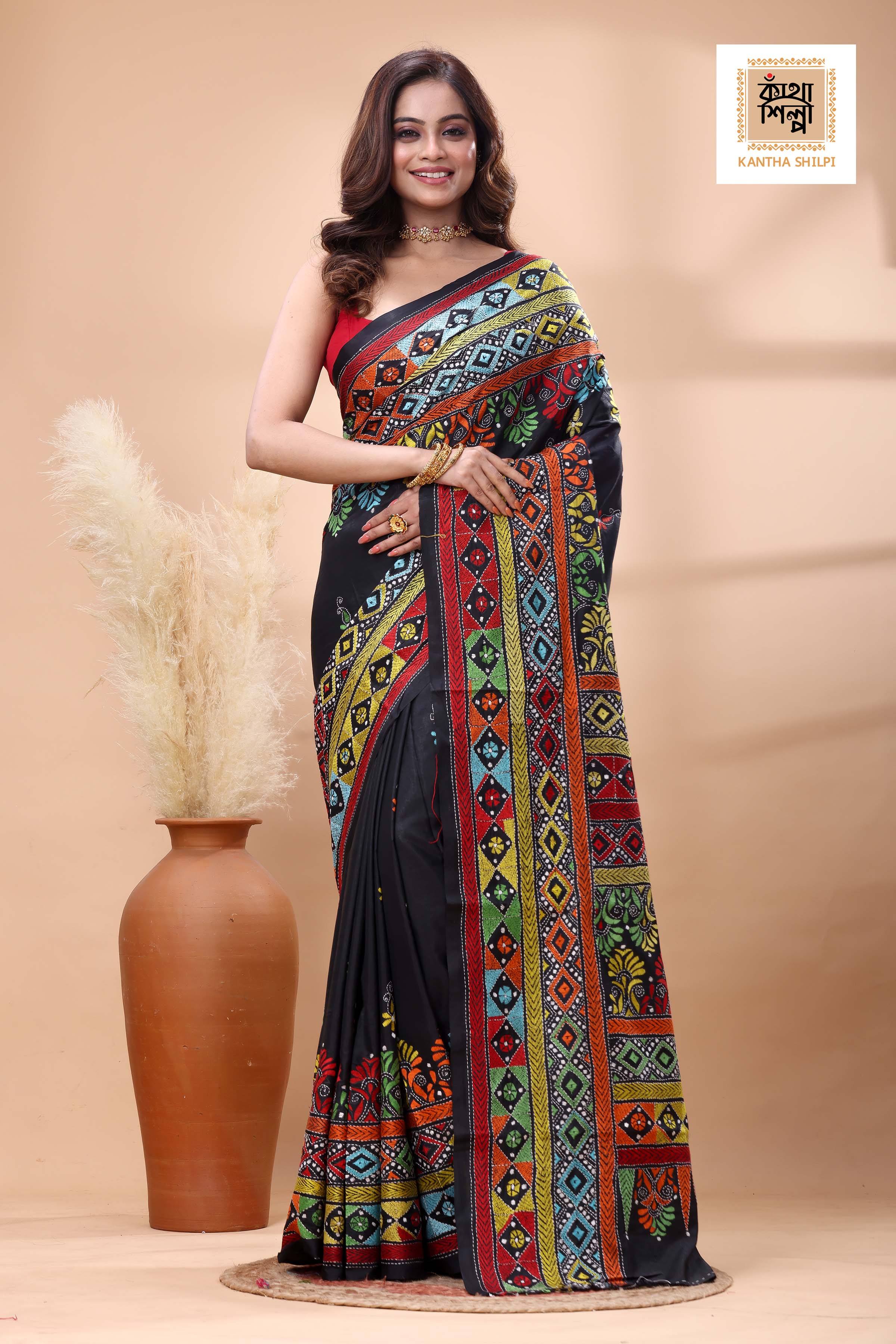 Black Color Bangalore Silk Multicolor Thread Work Kantha Stitch Saree
