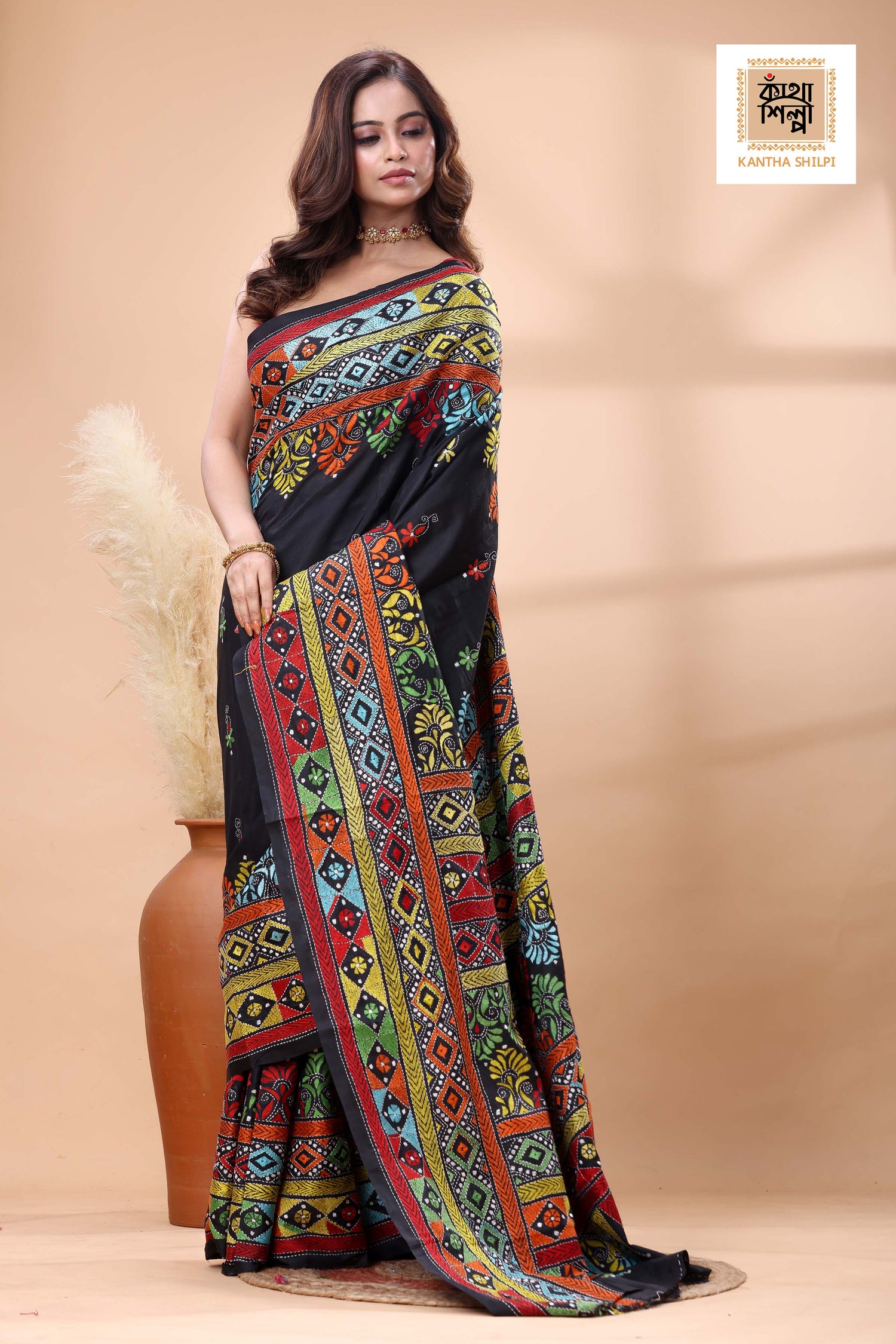 Black Color Bangalore Silk Multicolor Thread Work Kantha Stitch Saree