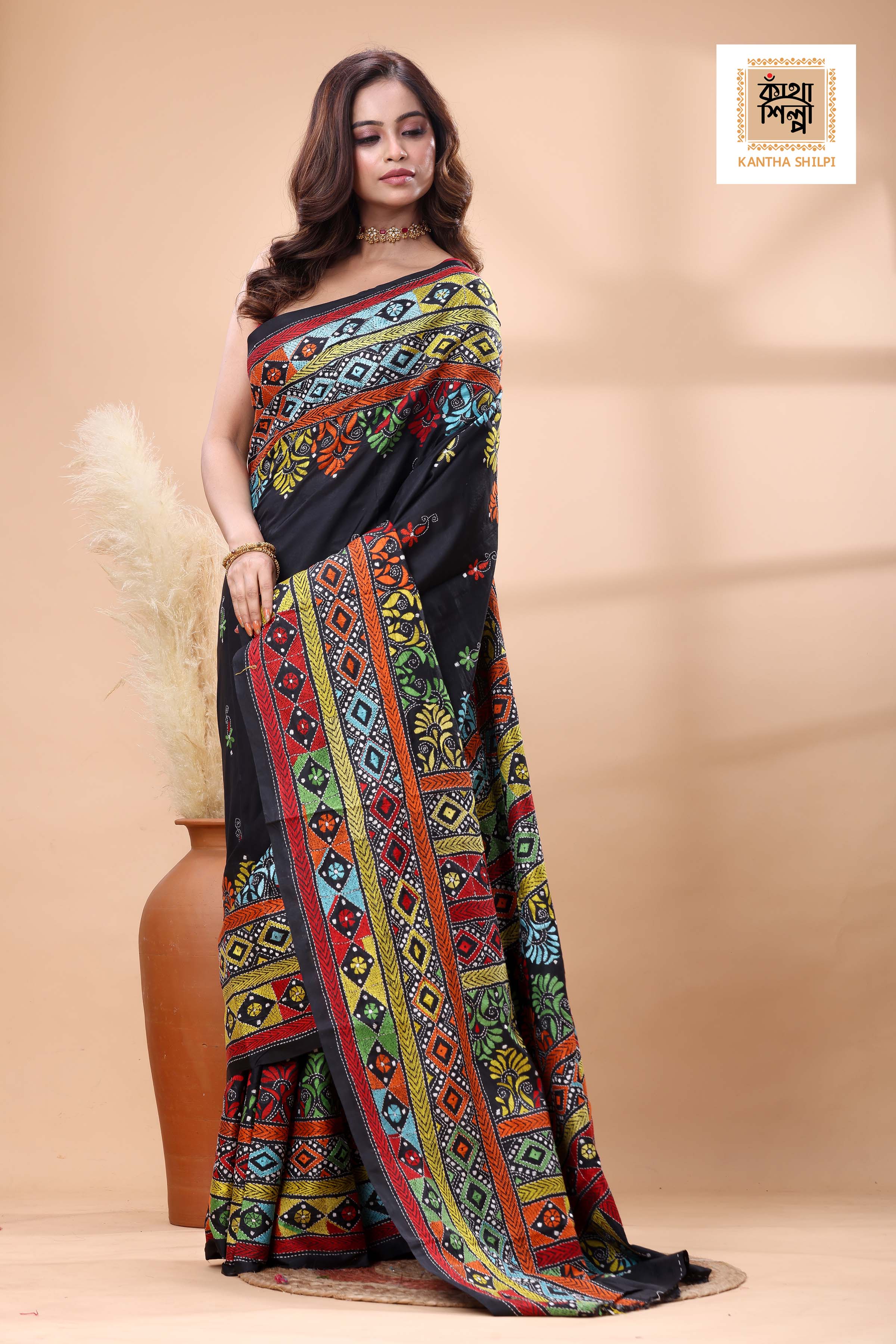 Black Color Bangalore Silk Multicolor Thread Work Kantha Stitch Saree