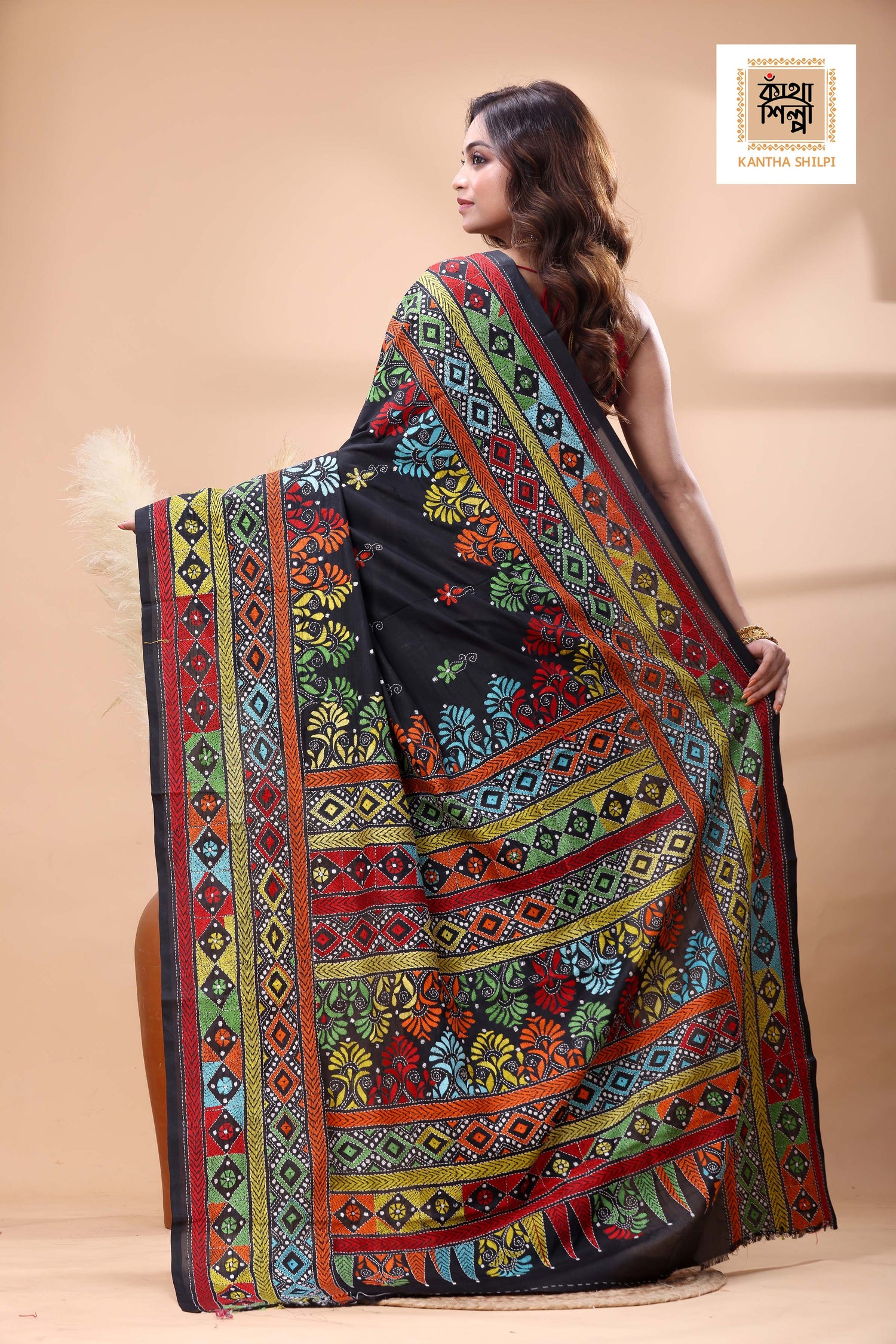 Black Color Bangalore Silk Multicolor Thread Work Kantha Stitch Saree