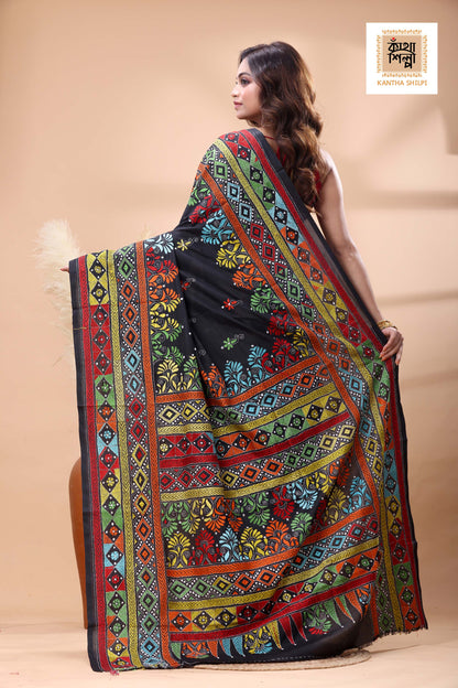 Black Color Bangalore Silk Multicolor Thread Work Kantha Stitch Saree