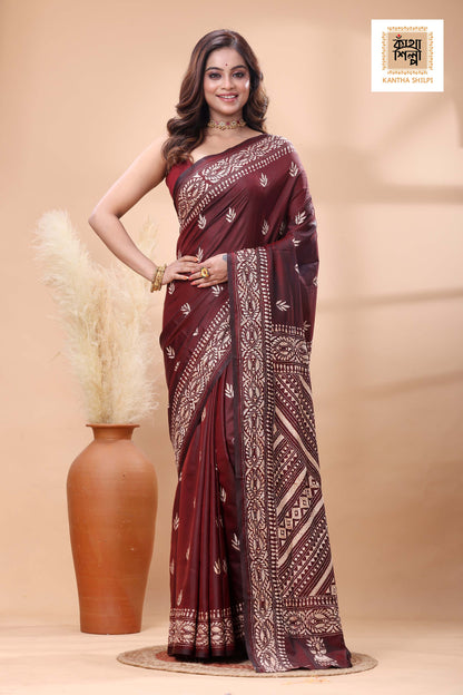 Maroon Color Bangalore Silk Beige Color Thread Work Kantha Stitch Saree