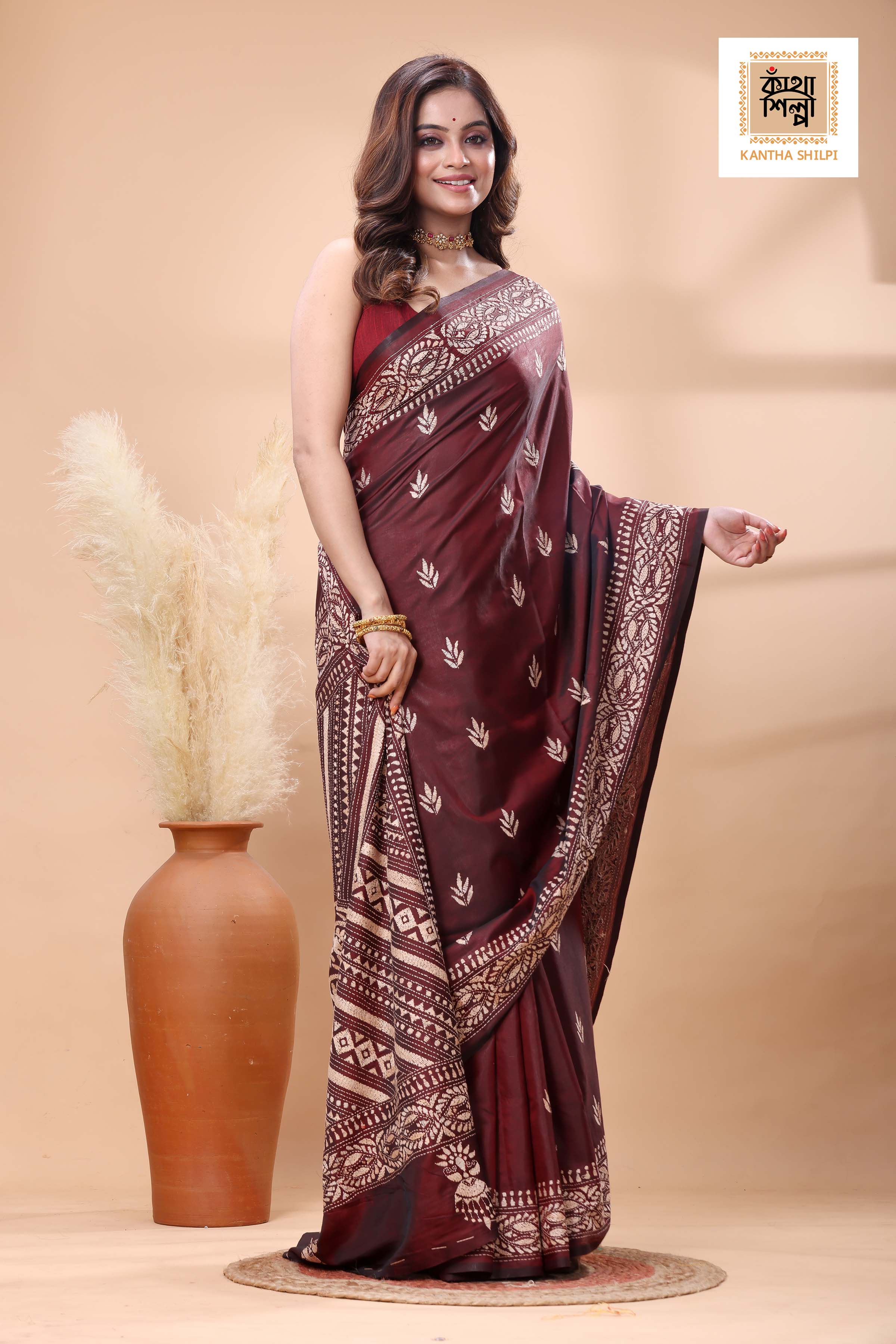 Maroon Color Bangalore Silk Beige Color Thread Work Kantha Stitch Saree