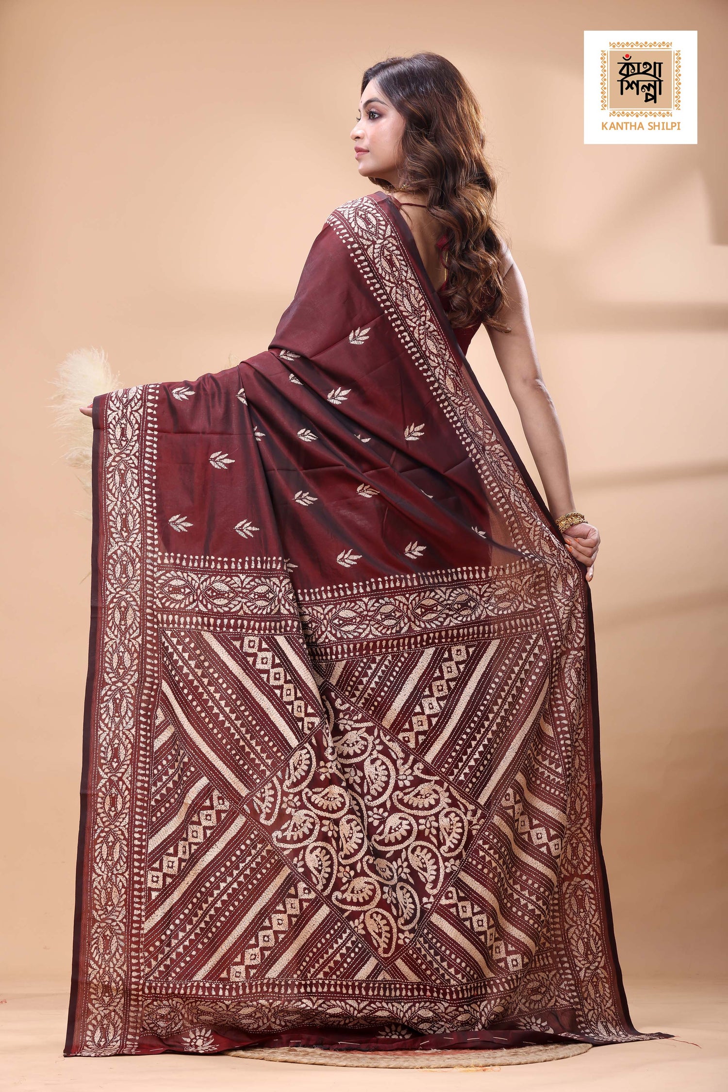 Maroon Color Bangalore Silk Beige Color Thread Work Kantha Stitch Saree