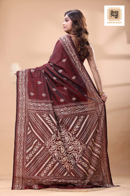 Maroon Color Bangalore Silk Beige Color Thread Work Kantha Stitch Saree