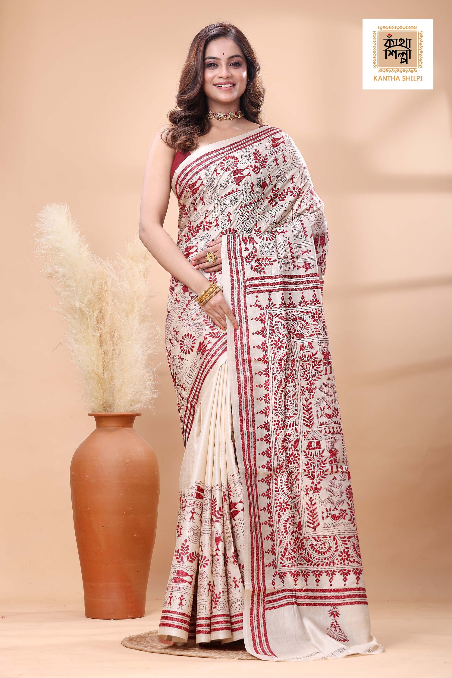 Pure Gachi Tussar Maroon Color Thread Work Kantha Stitch Saree