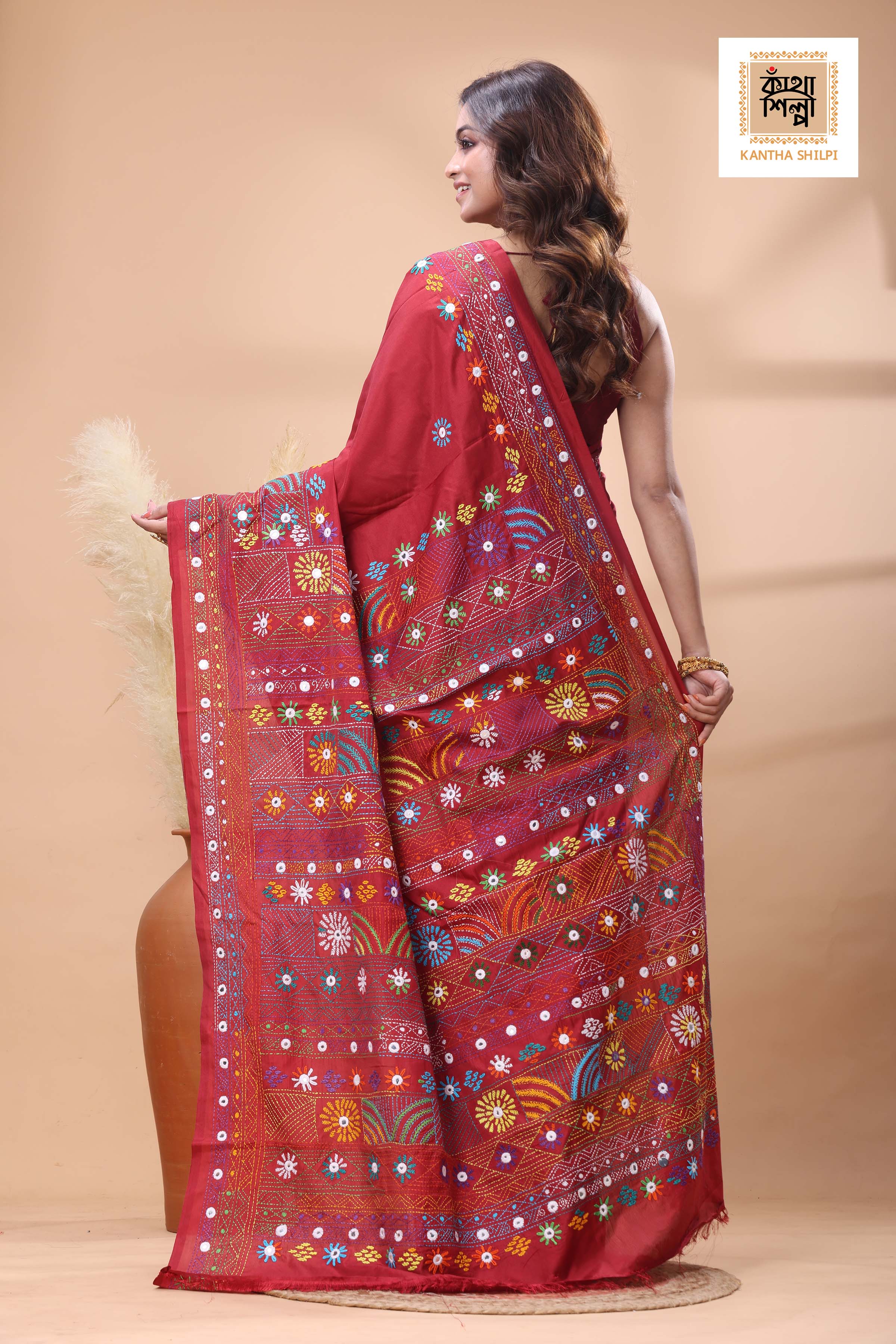 Maroon Color Bangalore Silk Multicolor Thread Work Lambani Stitch Saree