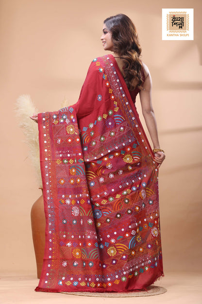 Maroon Color Bangalore Silk Multicolor Thread Work Lambani Stitch Saree