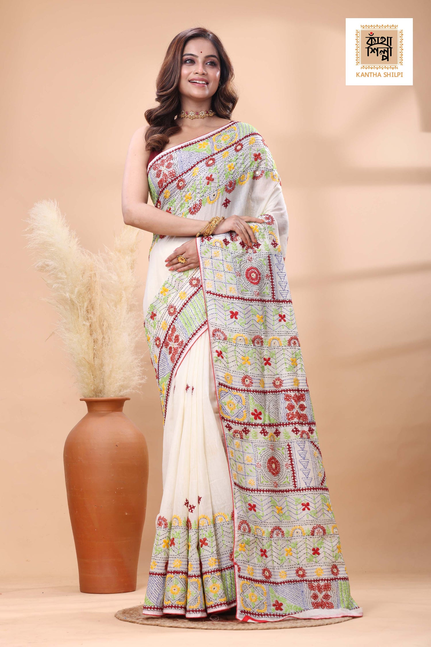 White Color Half Tussar Multicolor Thread Work Lambani Stitch Saree