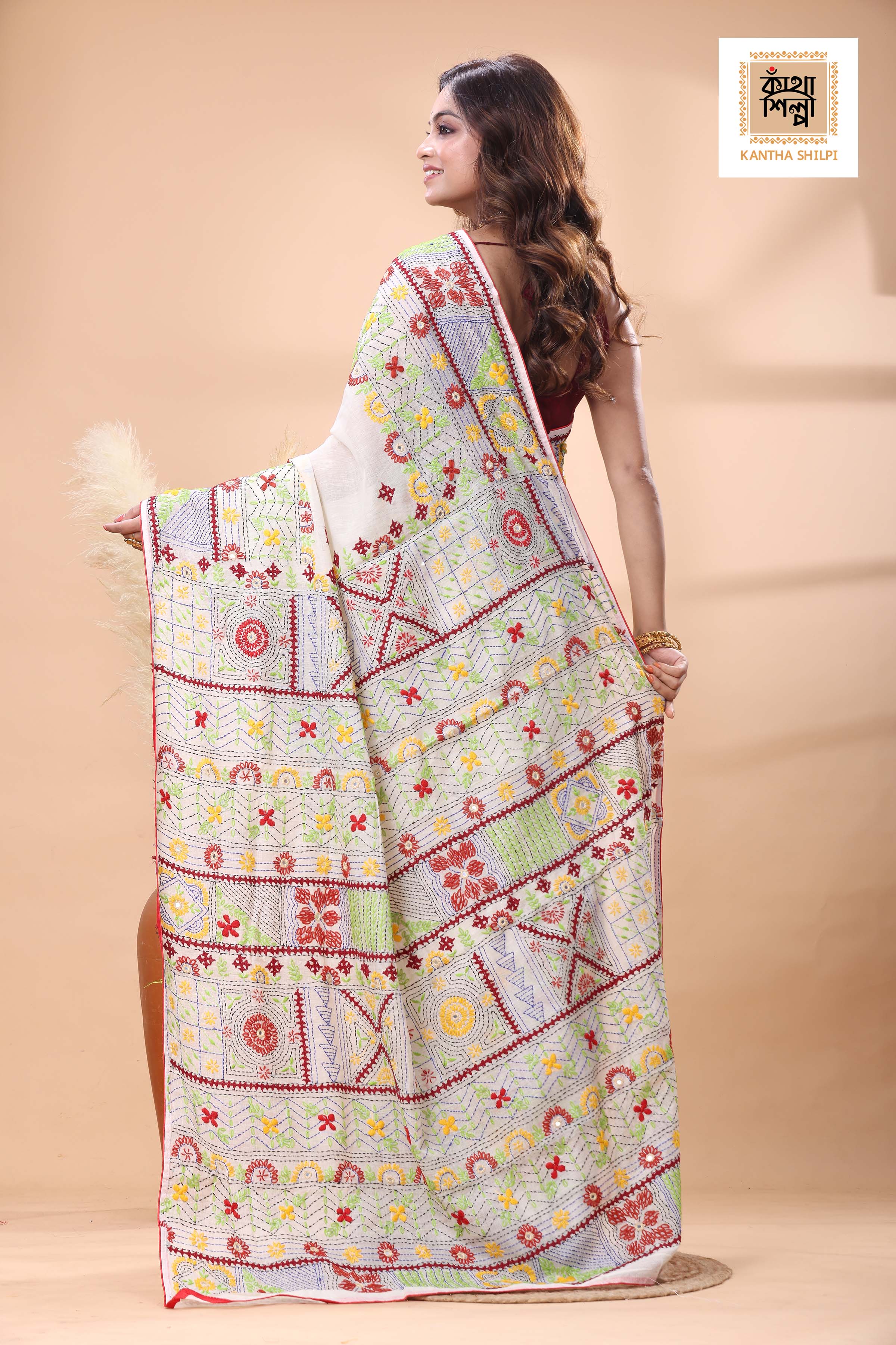 White Color Half Tussar Multicolor Thread Work Lambani Stitch Saree