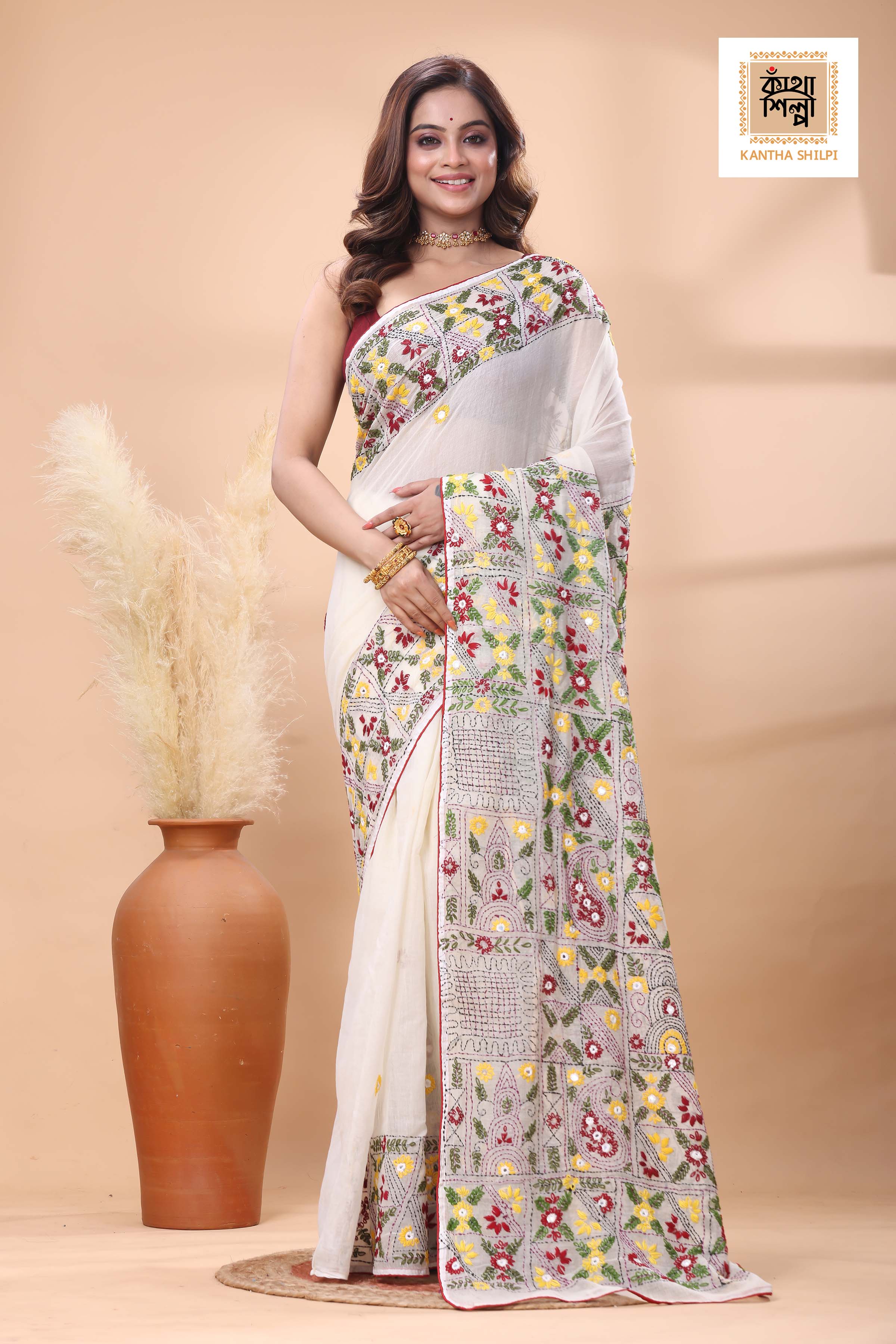 White Color Half Tussar Multicolor Thread Work Lambani Stitch Saree