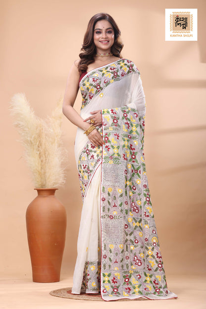 White Color Half Tussar Multicolor Thread Work Lambani Stitch Saree