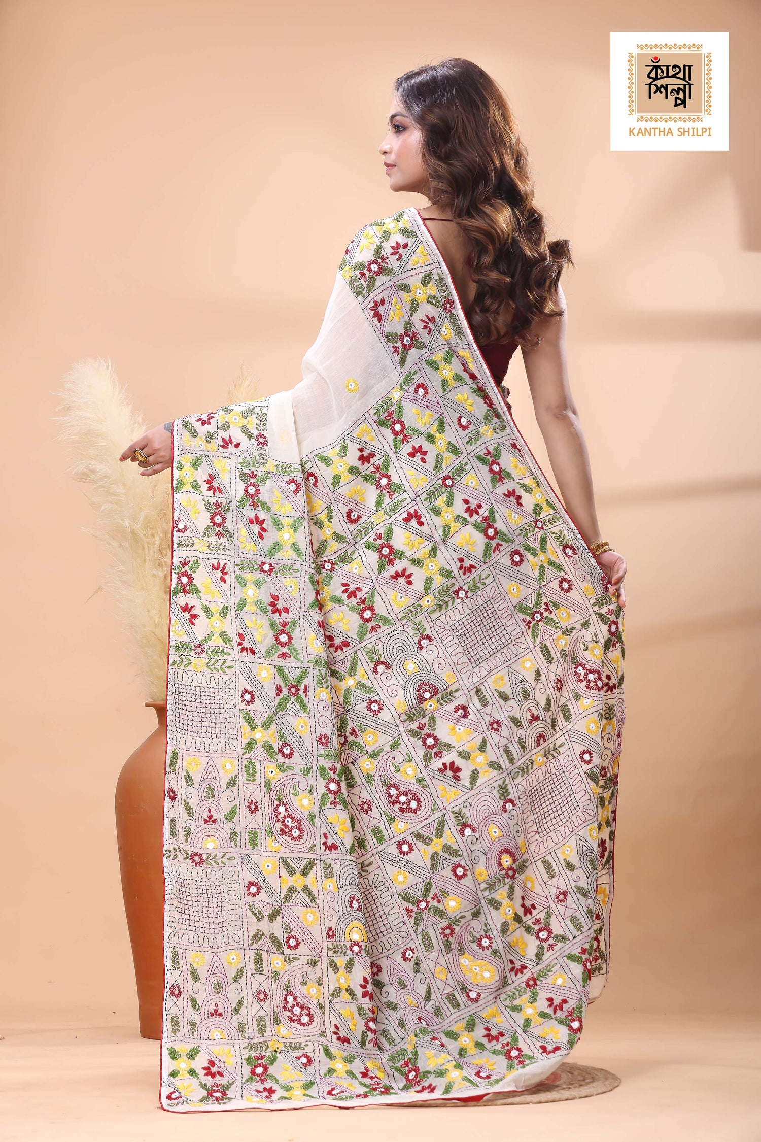 White Color Half Tussar Multicolor Thread Work Lambani Stitch Saree