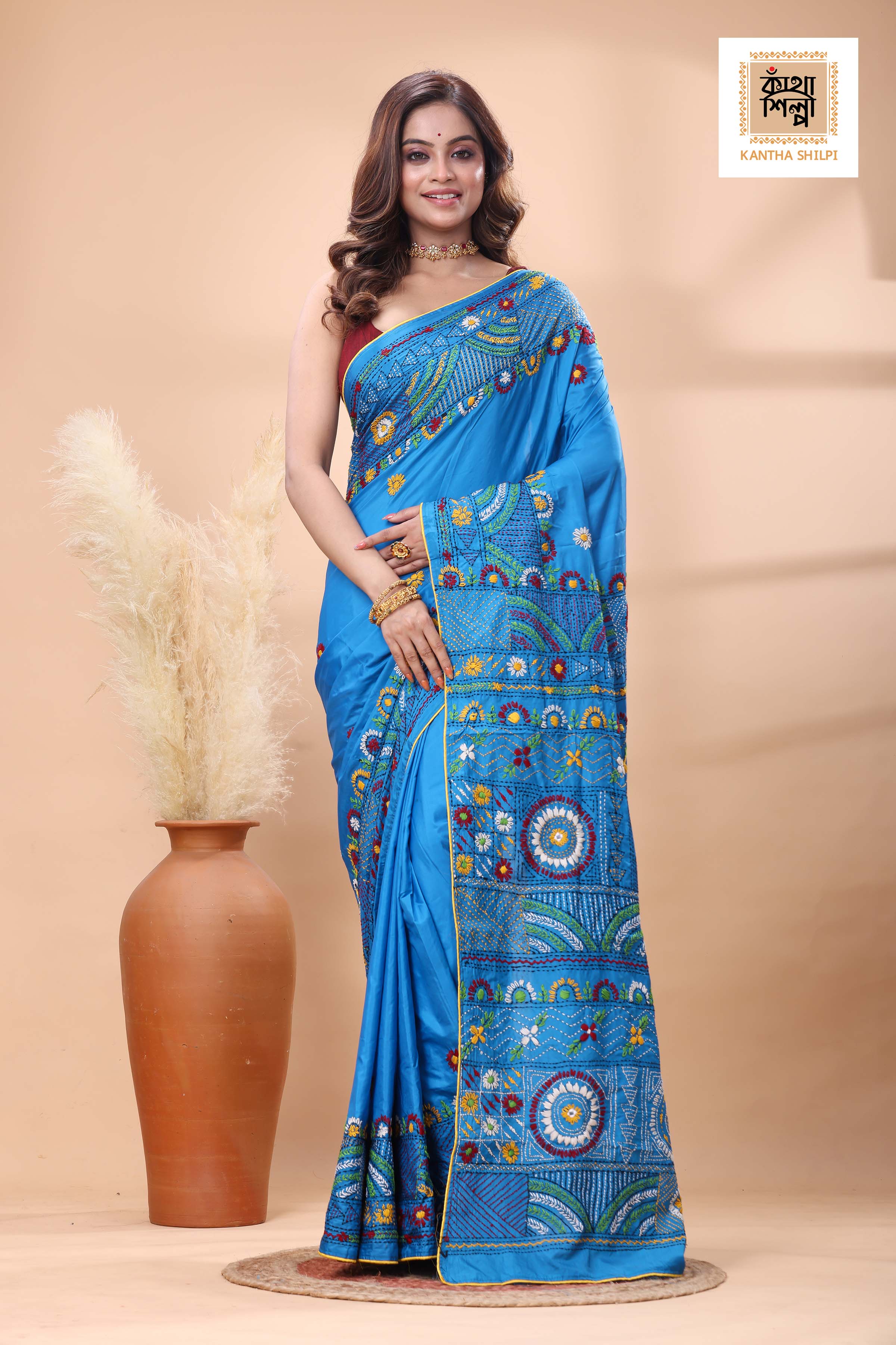 Blue Color Bangalore Silk Multicolor Thread Work Lambani Stitch Saree