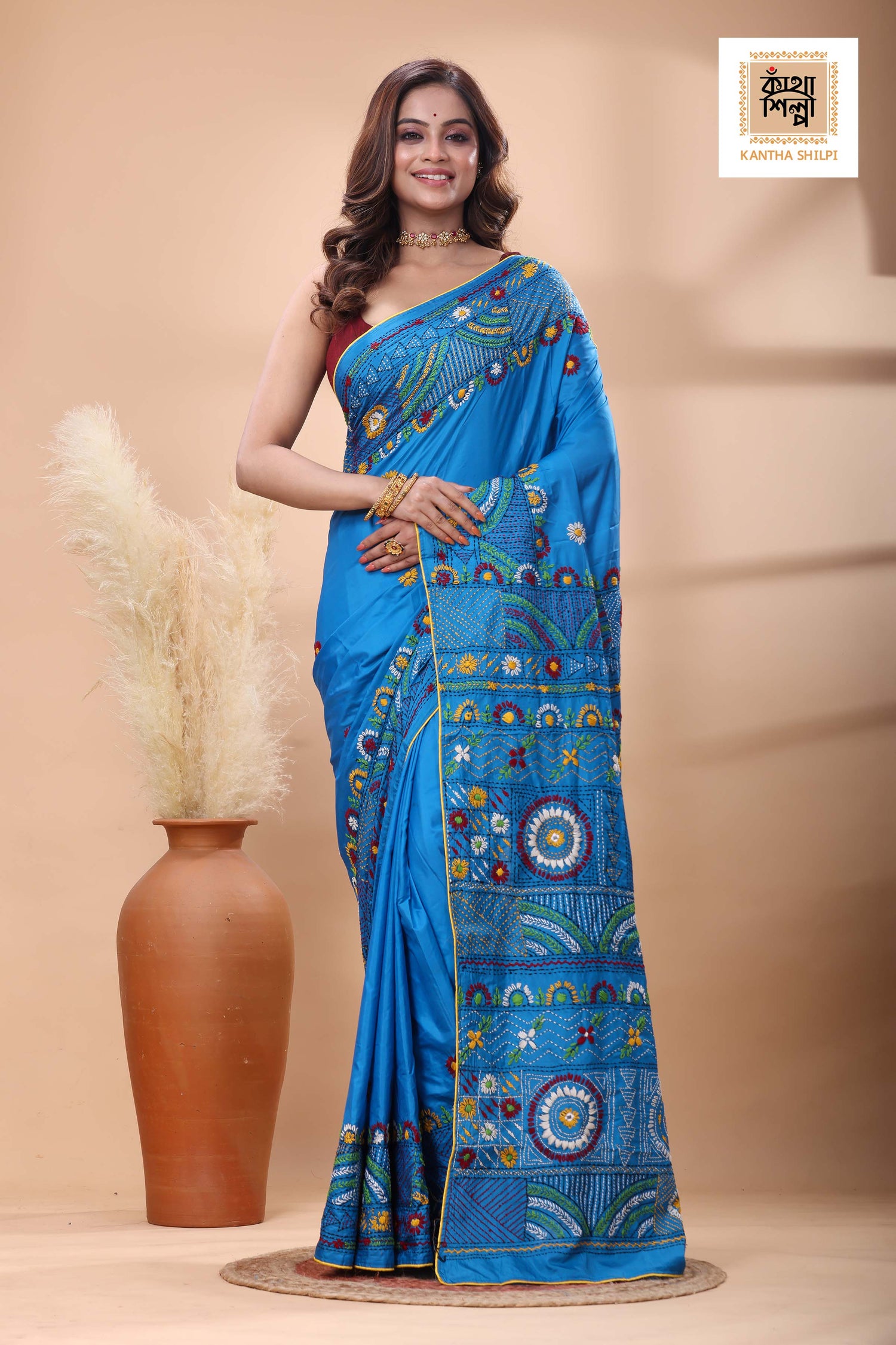 Blue Color Bangalore Silk Multicolor Thread Work Lambani Stitch Saree