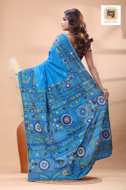 Blue Color Bangalore Silk Multicolor Thread Work Lambani Stitch Saree