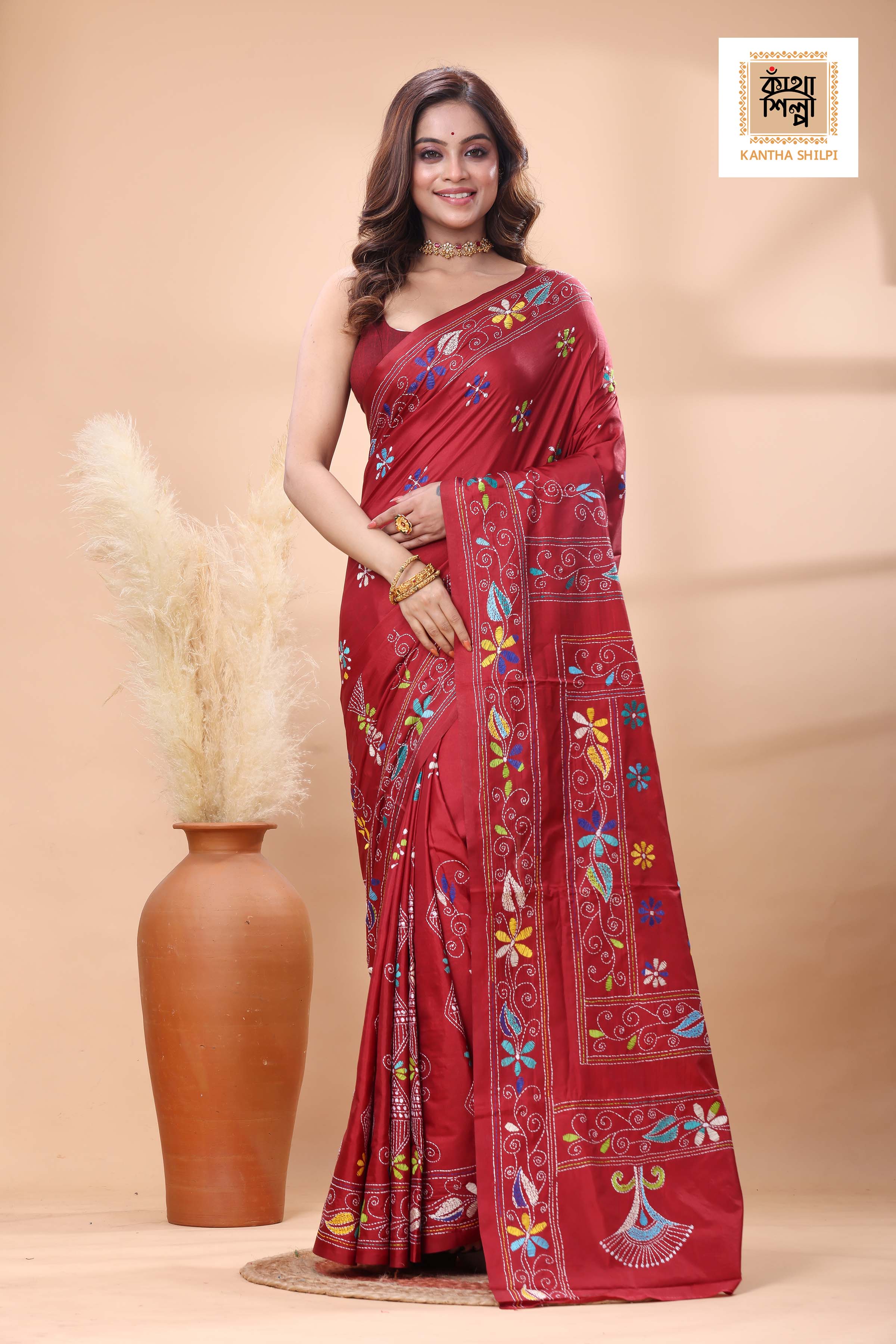 Maroon Color Bangalore Silk Multicolor Thread Work Kantha Stitch Saree