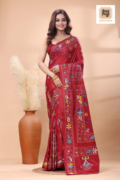 Maroon Color Bangalore Silk Multicolor Thread Work Kantha Stitch Saree