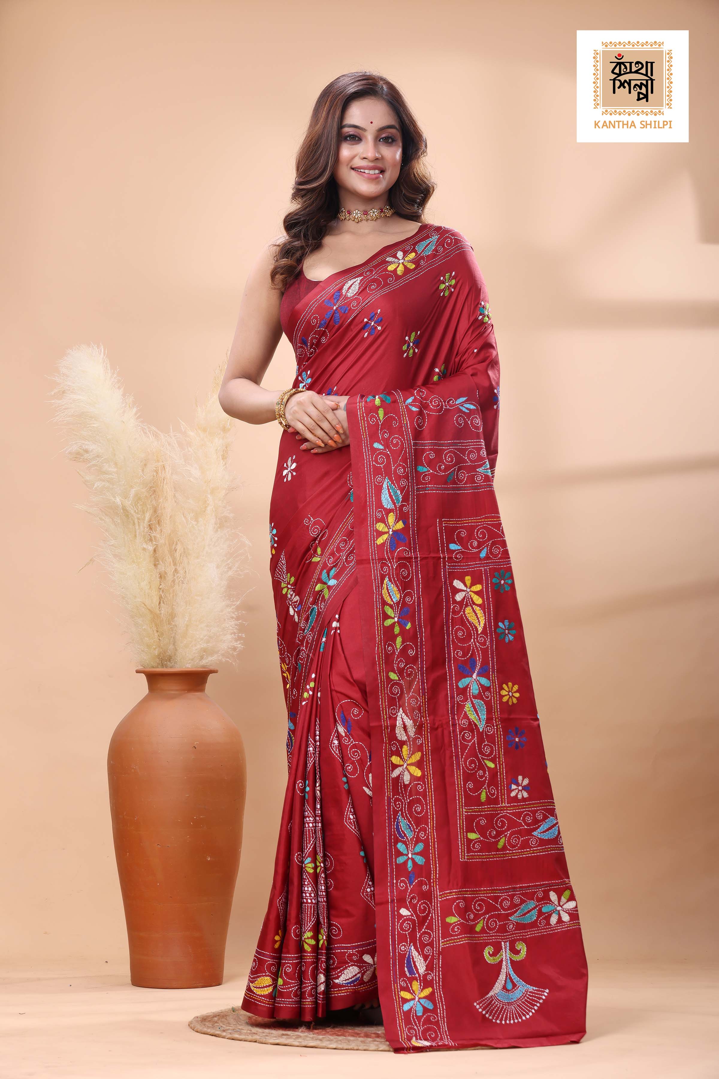 Maroon Color Bangalore Silk Multicolor Thread Work Kantha Stitch Saree