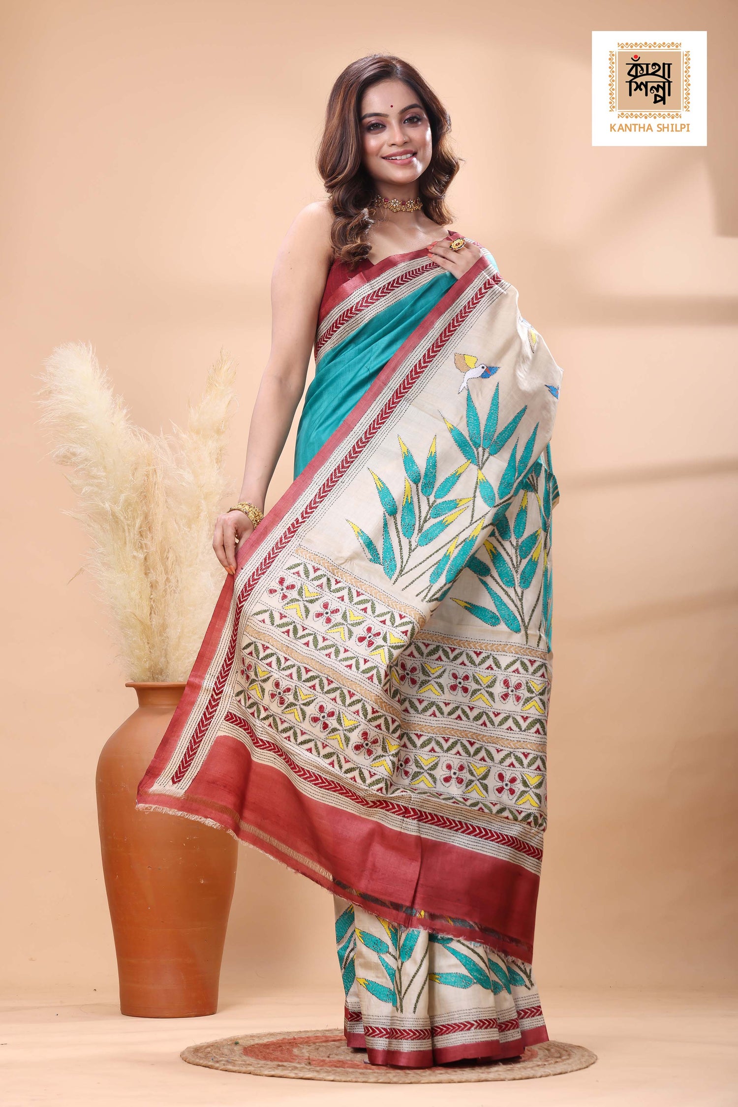 Pure Gachi Tussar Multicolor Thread Work Kantha Stitch Saree