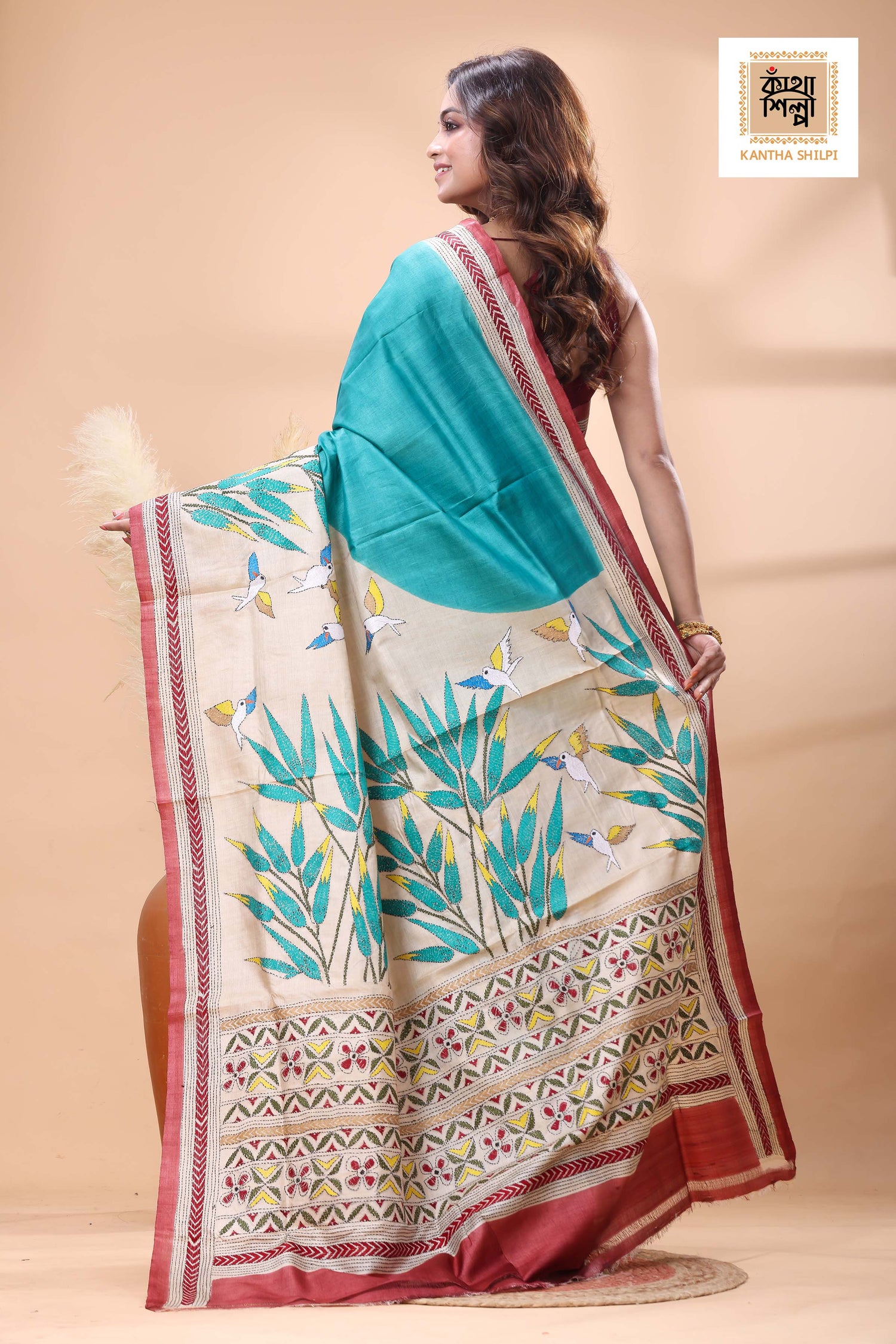 Pure Gachi Tussar Multicolor Thread Work Kantha Stitch Saree