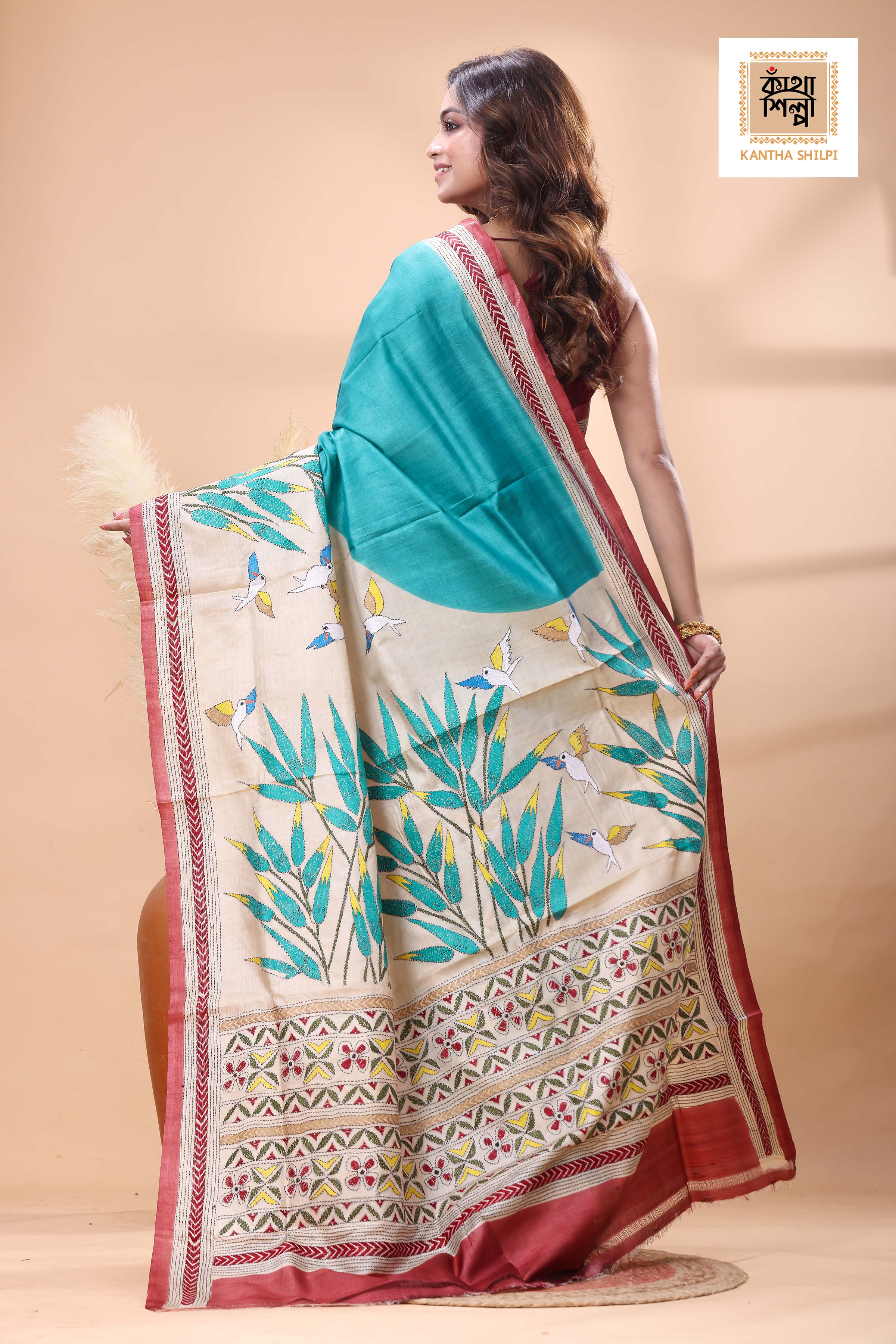 Pure Gachi Tussar Multicolor Thread Work Kantha Stitch Saree