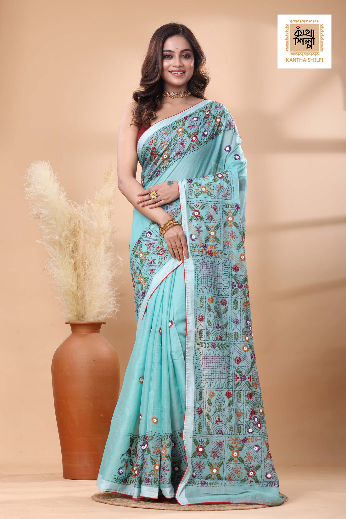 Light Sky Blue Color Half Tussar Multicolor Thread Work Lambani Stitch Saree