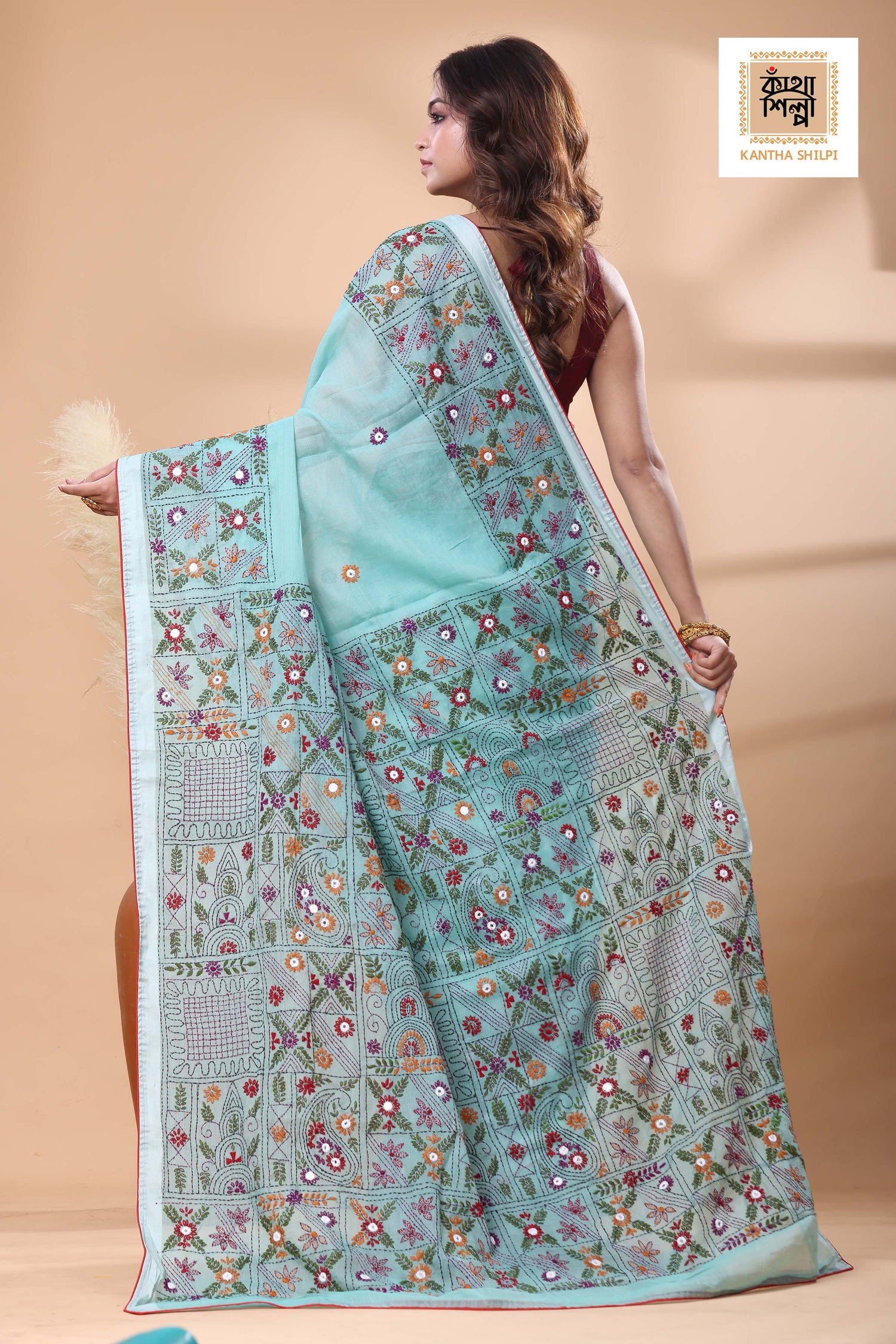 Light Sky Blue Color Half Tussar Multicolor Thread Work Lambani Stitch Saree