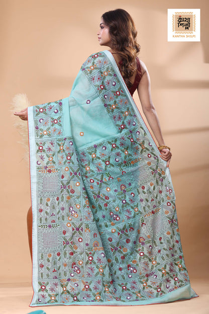 Light Sky Blue Color Half Tussar Multicolor Thread Work Lambani Stitch Saree