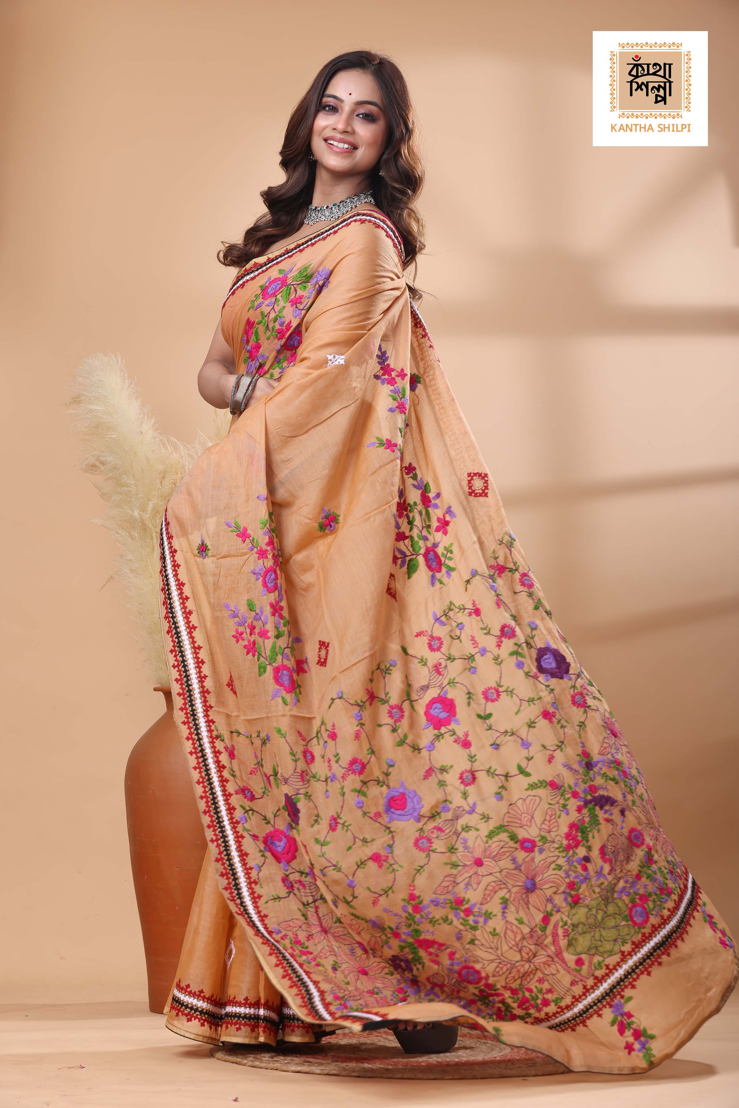 Half Tussar Multicolor Thread Work Bullion Stitch Saree