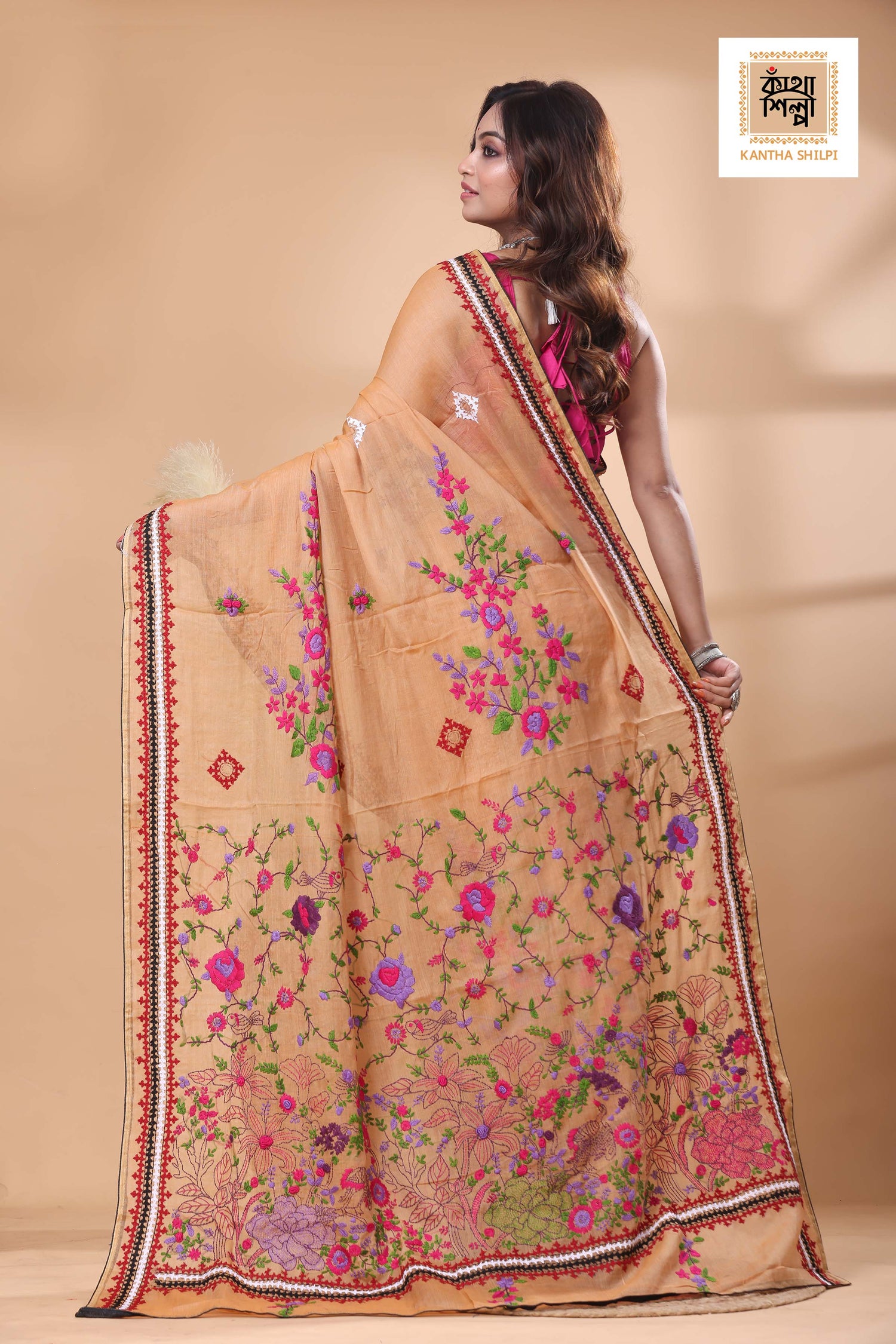Half Tussar Multicolor Thread Work Bullion Stitch Saree