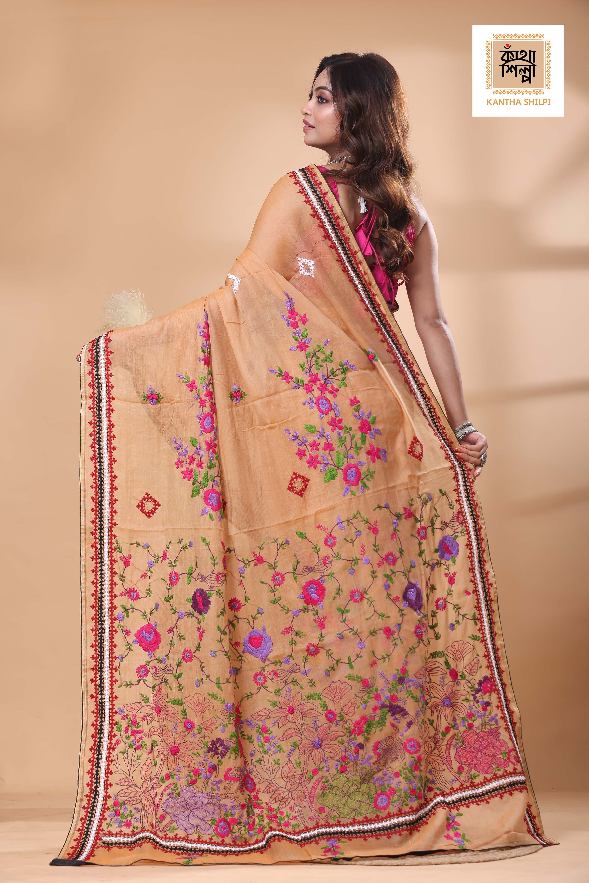 Half Tussar Multicolor Thread Work Bullion Stitch Saree