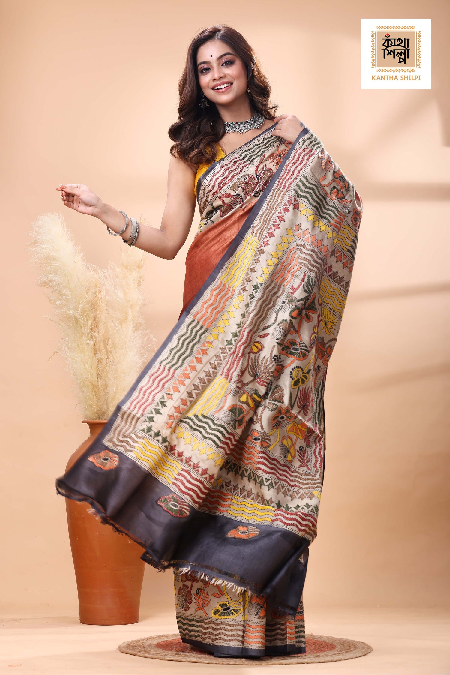 Pure Gachi Tussar Multicolor Thread Work Kantha Stitch Saree
