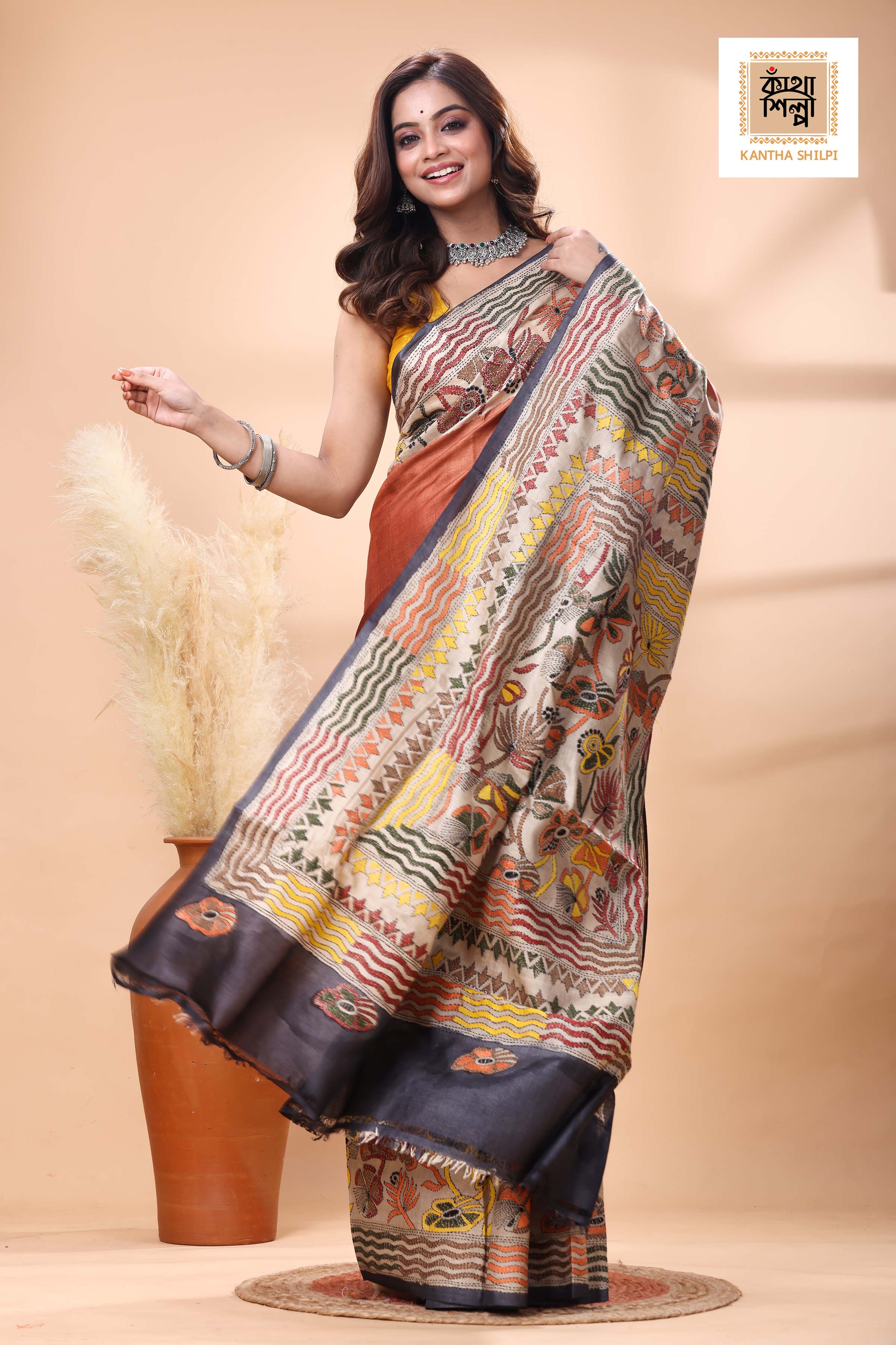 Pure Gachi Tussar Multicolor Thread Work Kantha Stitch Saree