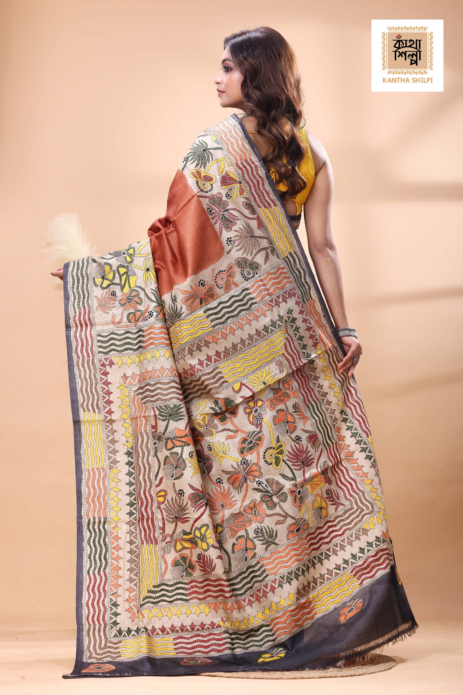Pure Gachi Tussar Multicolor Thread Work Kantha Stitch Saree