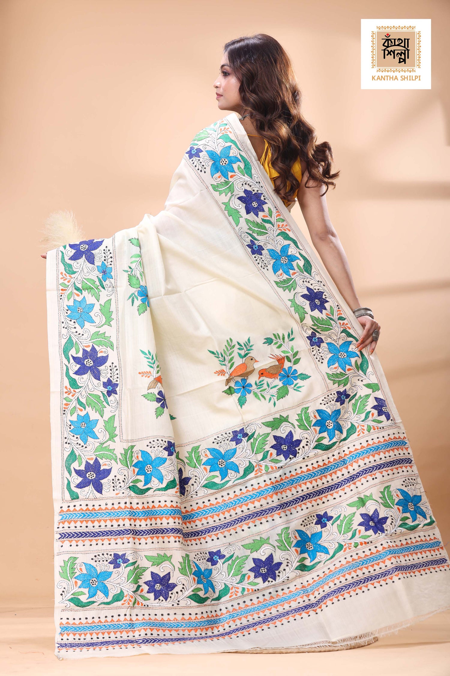 Off White Tussar Silk Multicolor Thread Work Kantha Stitch Saree