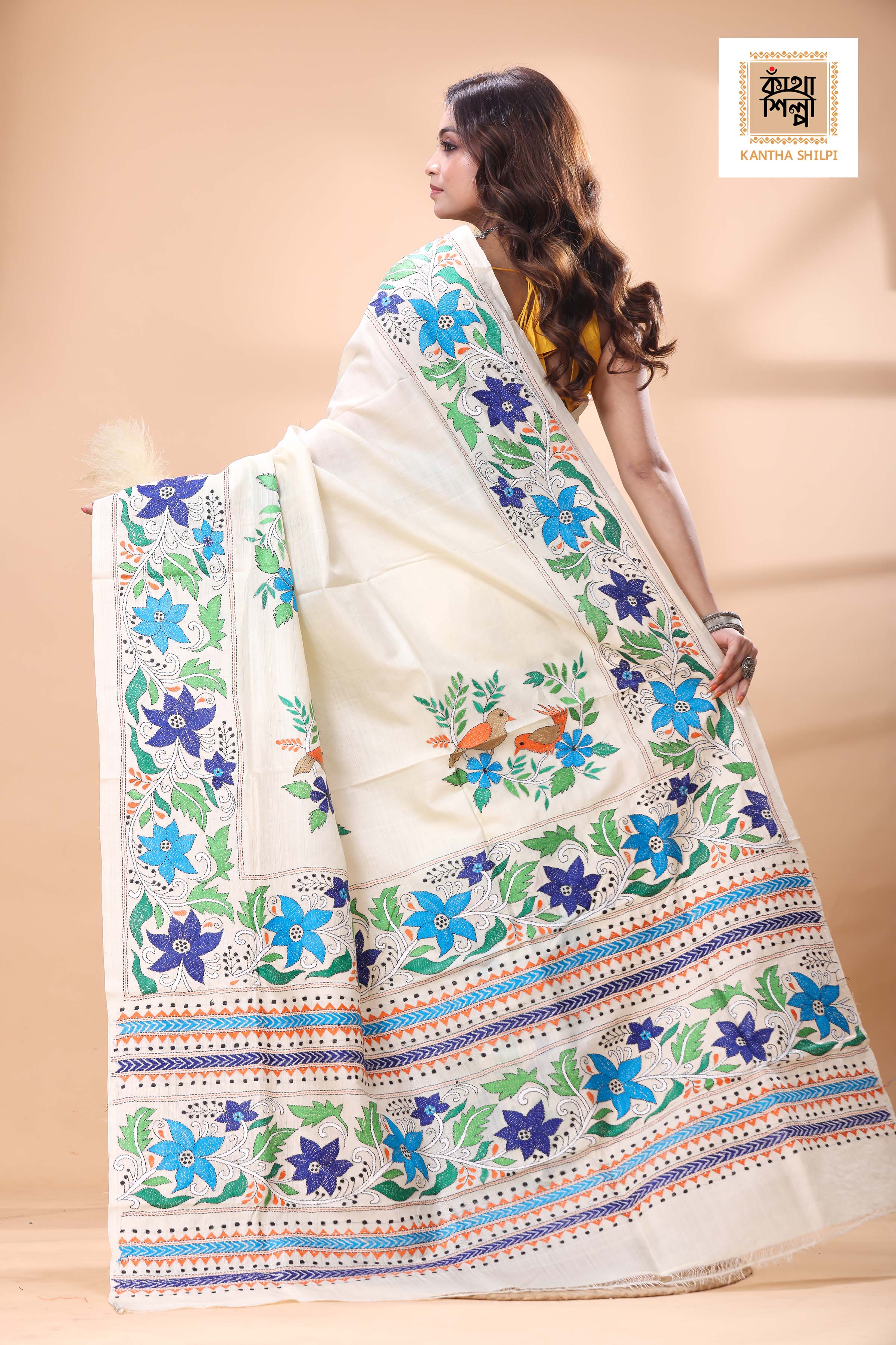 Off White Tussar Silk Multicolor Thread Work Kantha Stitch Saree