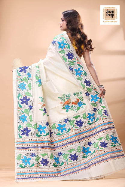 Off White Tussar Silk Multicolor Thread Work Kantha Stitch Saree