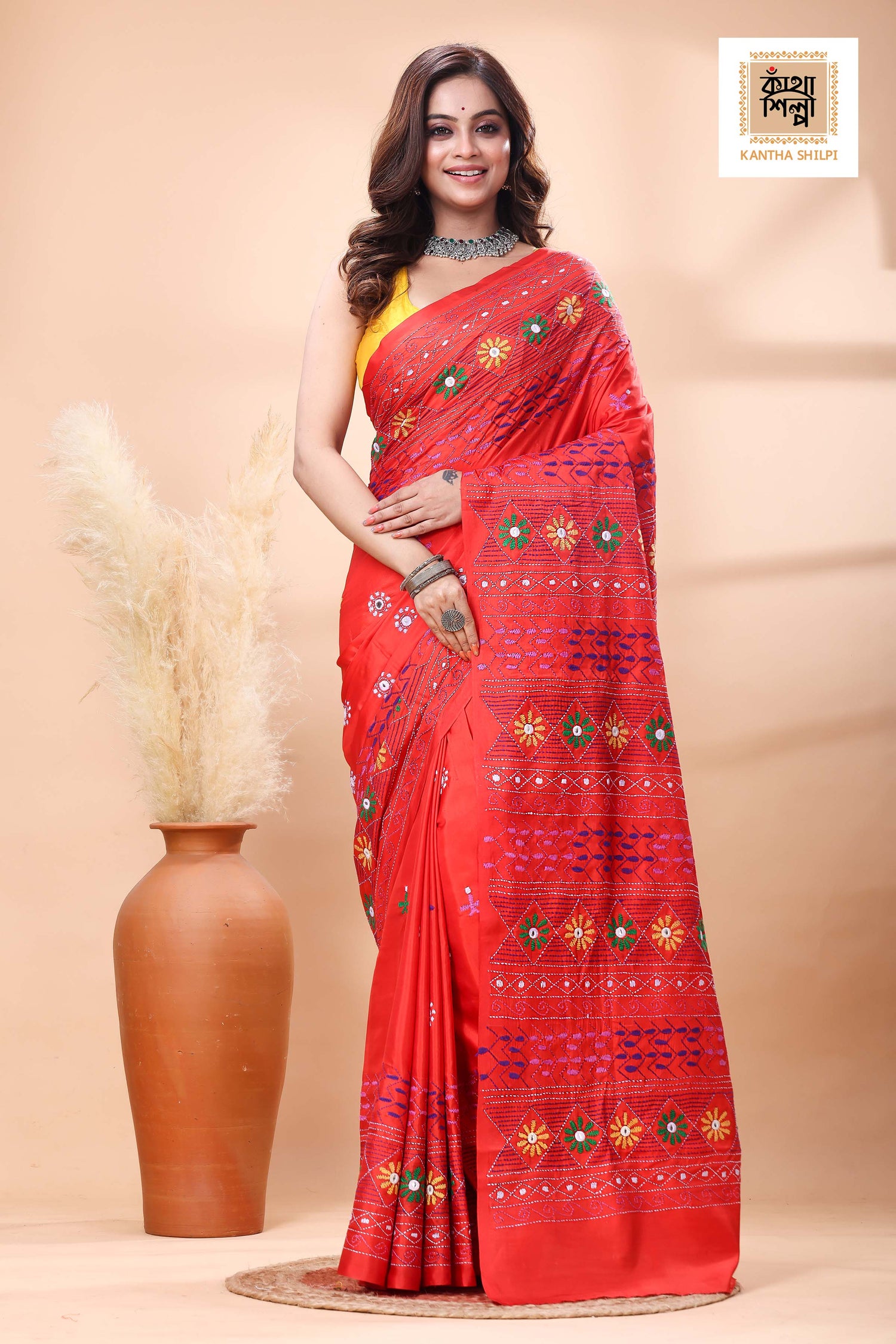 Red Color Bangalore Silk Multicolor Thread Work Lambani Stitch Saree
