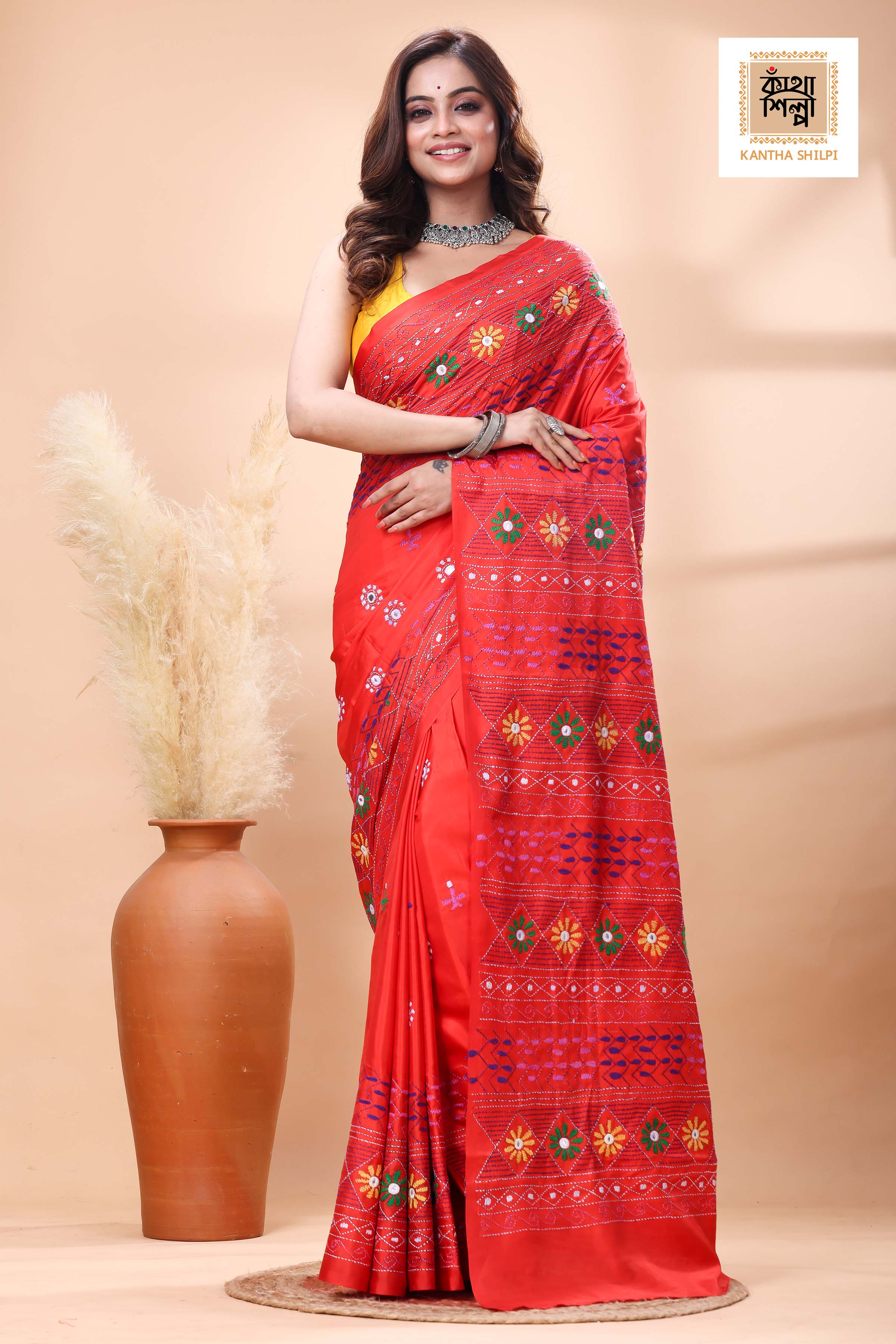 Red Color Bangalore Silk Multicolor Thread Work Lambani Stitch Saree