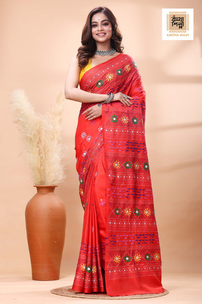 Red Color Bangalore Silk Multicolor Thread Work Lambani Stitch Saree