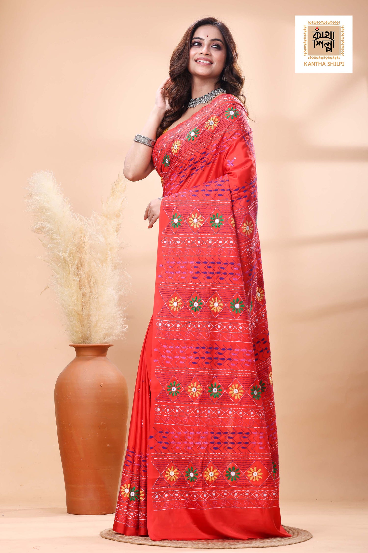 Red Color Bangalore Silk Multicolor Thread Work Lambani Stitch Saree