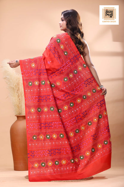 Red Color Bangalore Silk Multicolor Thread Work Lambani Stitch Saree