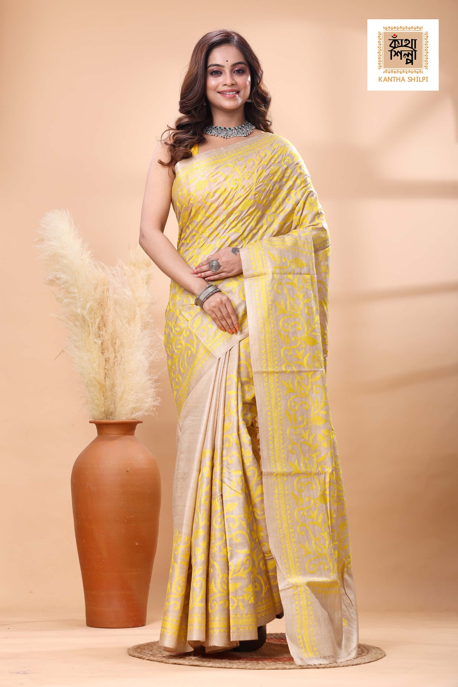 Pure Gachi Tussar Yellow color Thread Work Kantha Stitch Saree