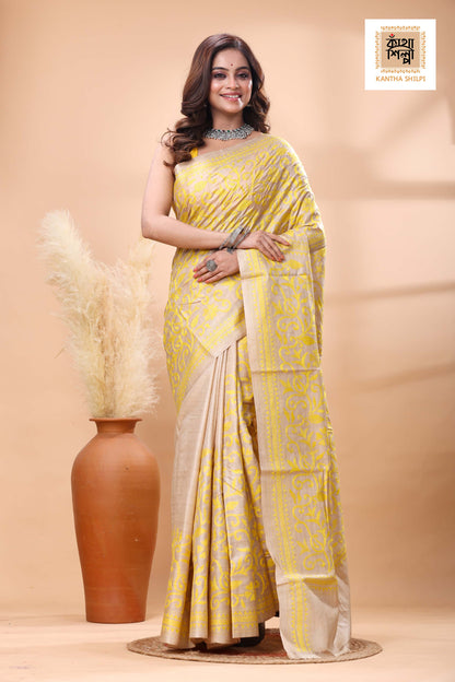 Pure Gachi Tussar Yellow color Thread Work Kantha Stitch Saree