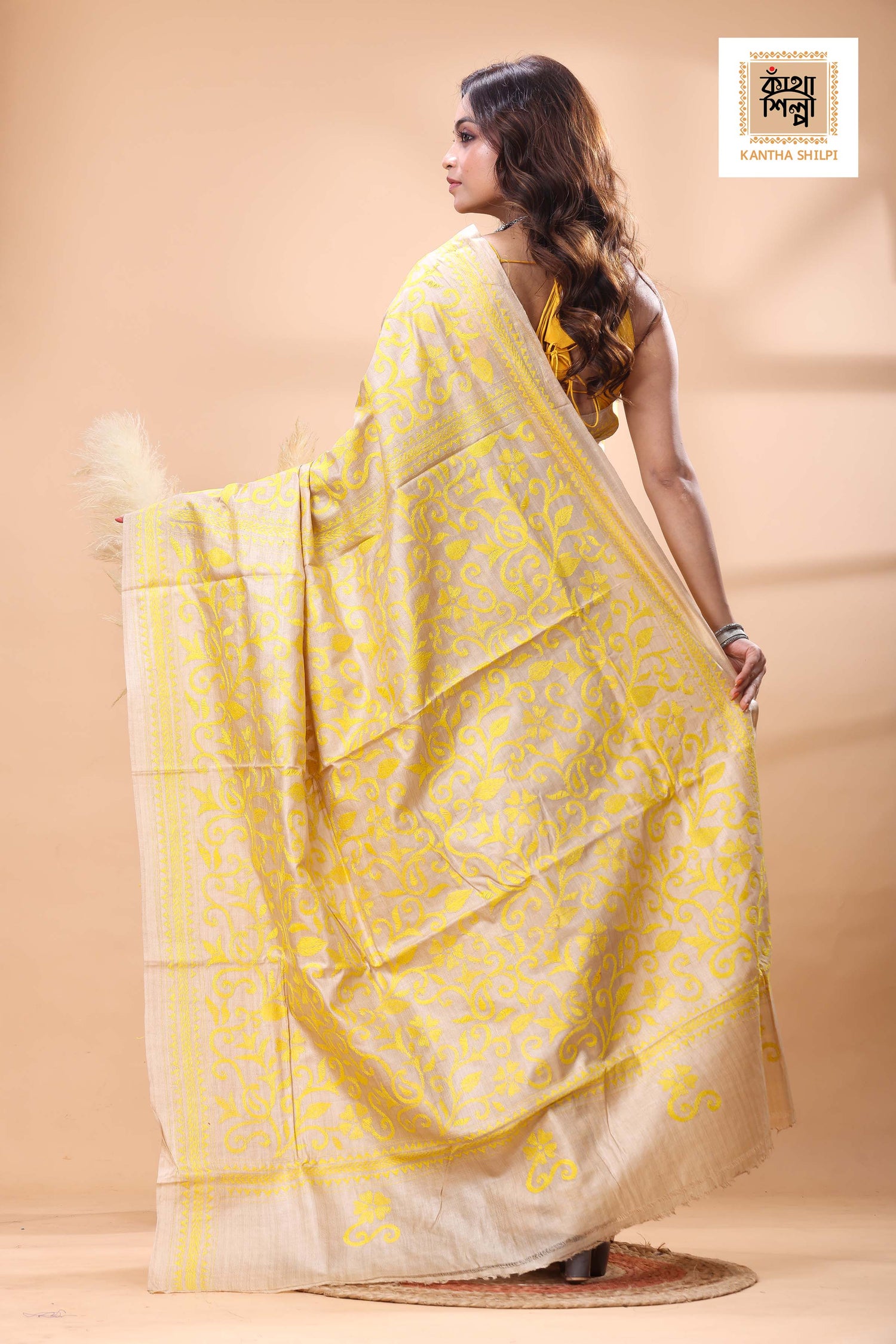 Pure Gachi Tussar Yellow color Thread Work Kantha Stitch Saree