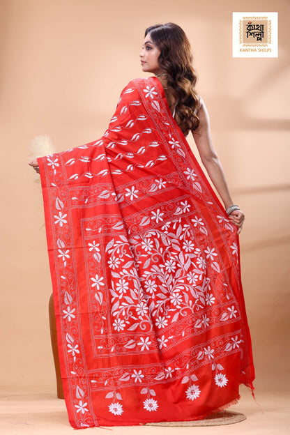 Red Color Bangalore Silk White Color Thread Work Kantha Stitch Saree