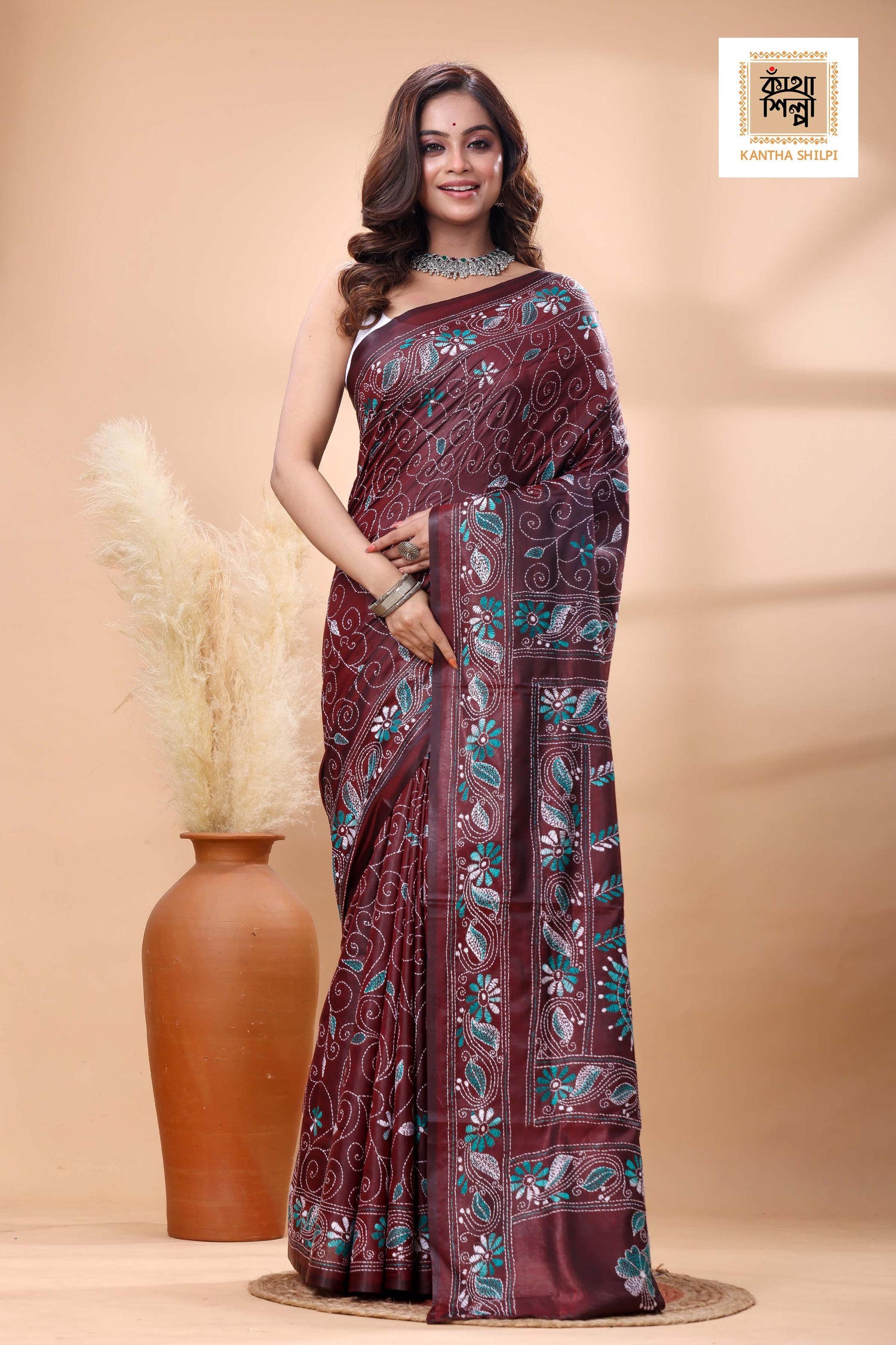 Maroon Color Bangalore Silk white-sea green color Thread Work Kantha Stitch Saree
