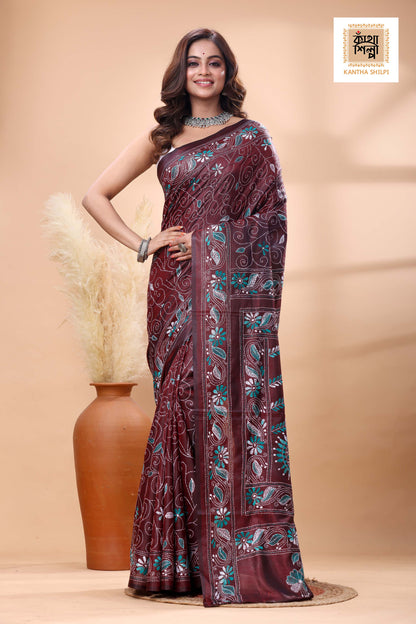 Maroon Color Bangalore Silk white-sea green color Thread Work Kantha Stitch Saree
